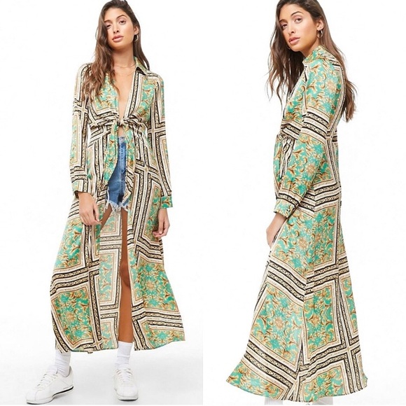 RARE • FORVER 21 • Gorgeous Baroque Maxi Coat Duster Green, Gold, Black & White - Picture 2 of 16